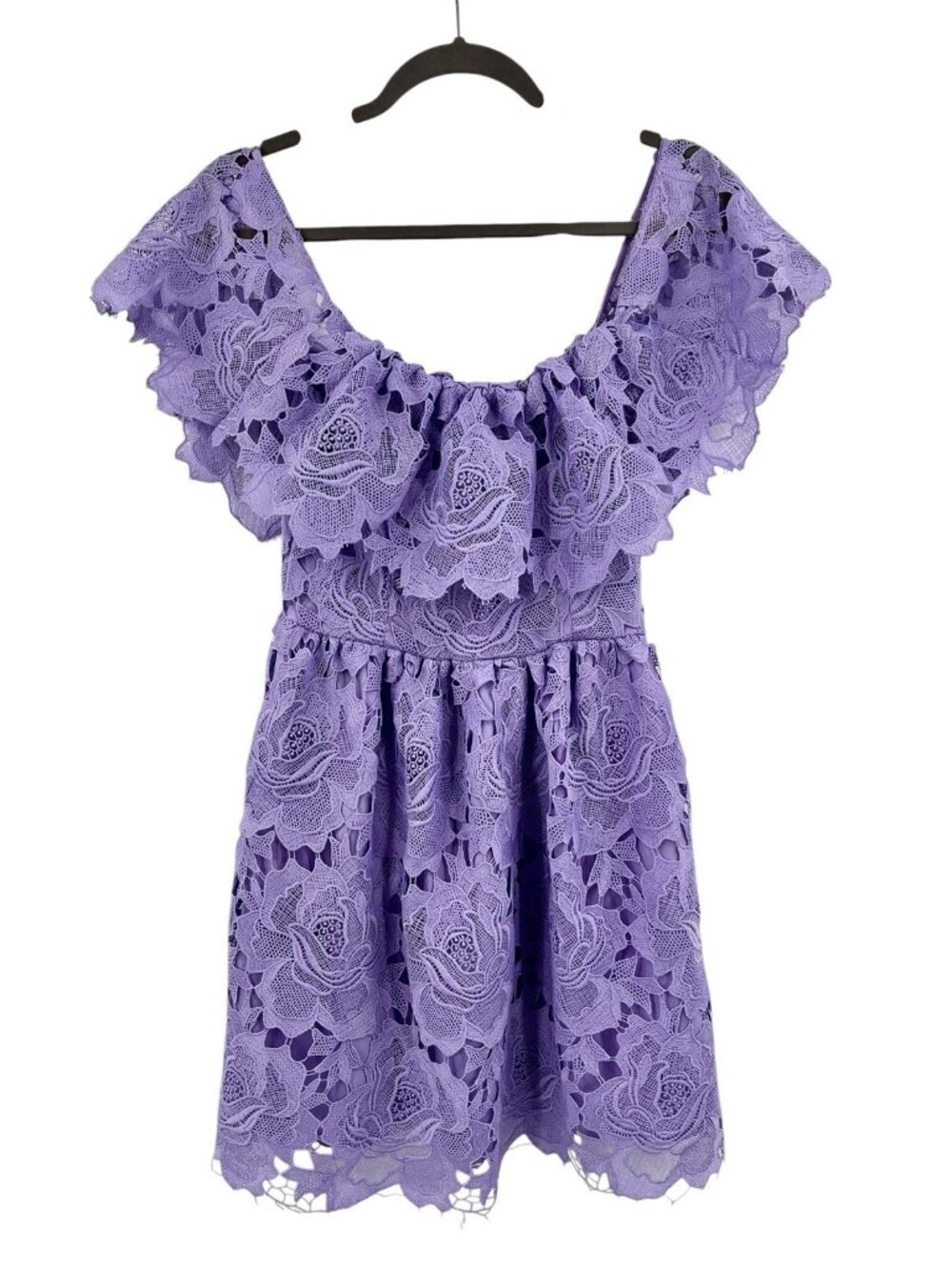LOVERS + FRIENDS Women's Lilac Off Shoulder Floral Crochet Mini Dress Small